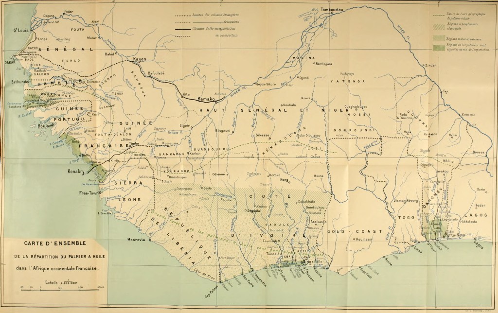 Map of West Africa showing distribution of oil palms.